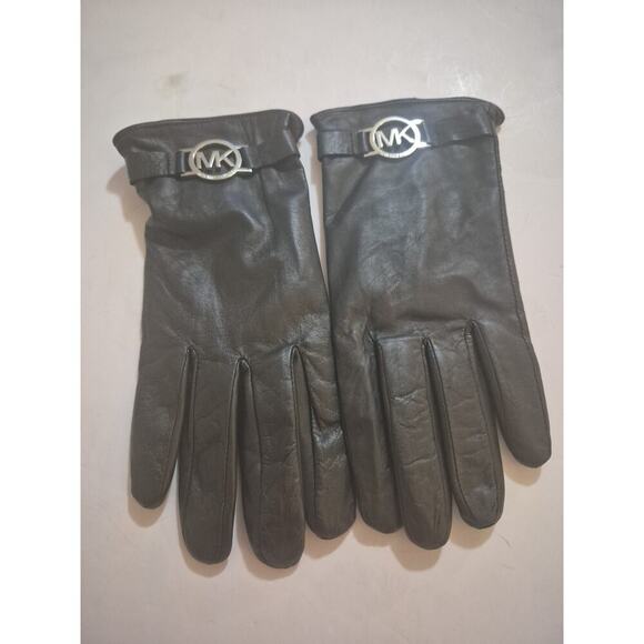 Michael KORS Womens Black Leather MK Driving Gloves Silver Hardware Medium - Picture 1 of 5